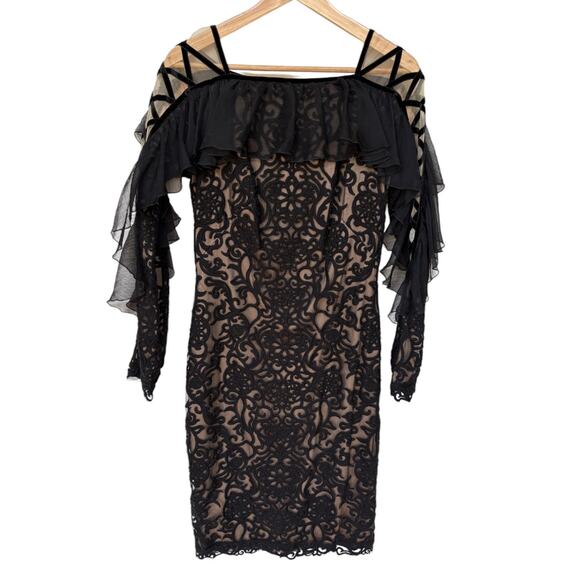 Tadashi Shoji Ada Long Sleeve Cocktail Dress with Velvet Trim, Lace + Ruffles 8 - Picture 1 of 13